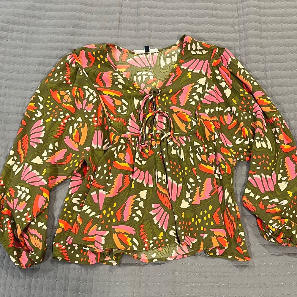 Olive Floral Tie-Front Blouse with Pink & Orange Accents